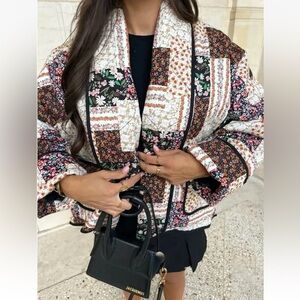 Ditsy Floral Patchwork Quilted Style Jacket Puffer Coat NEW Black Colorful S